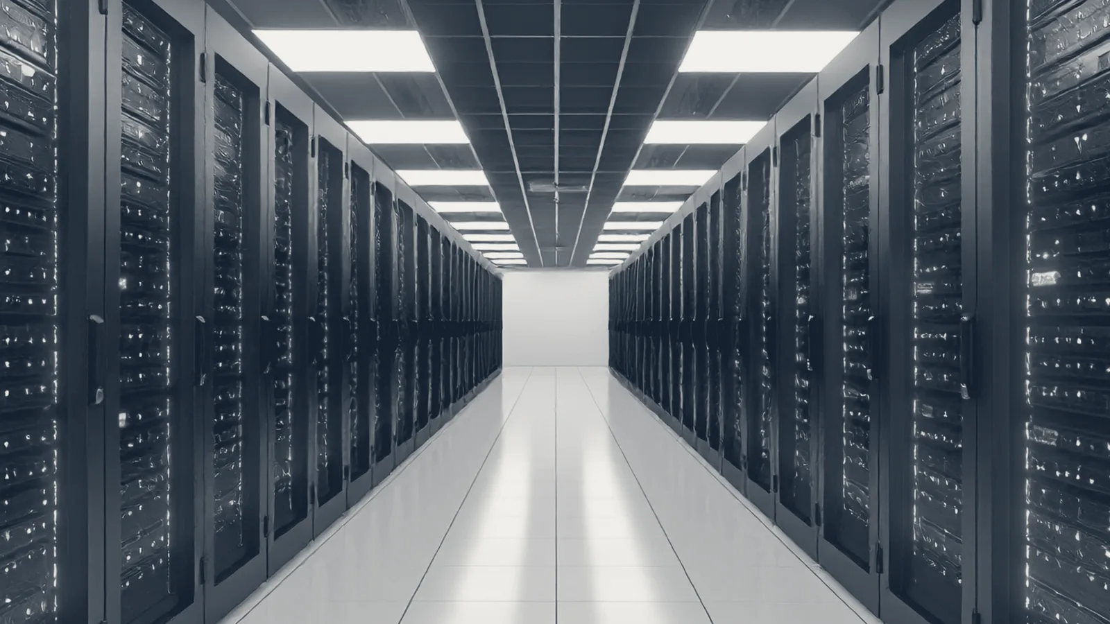 A data center corridor, rendered in the Ledgerpost palette.